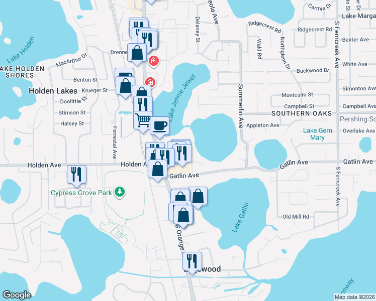 map of restaurants, bars, coffee shops, grocery stores, and more near 4634 Oak Cove Lane in Orlando