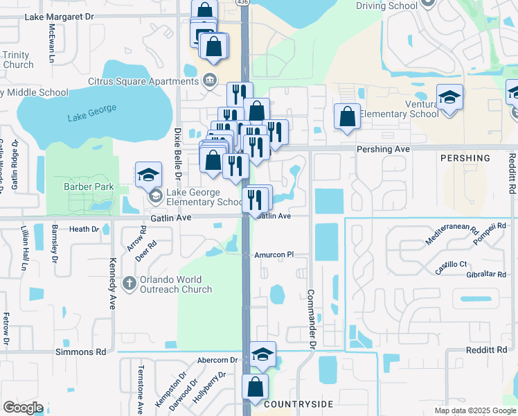 map of restaurants, bars, coffee shops, grocery stores, and more near 5713 Gatlin Avenue in Orlando