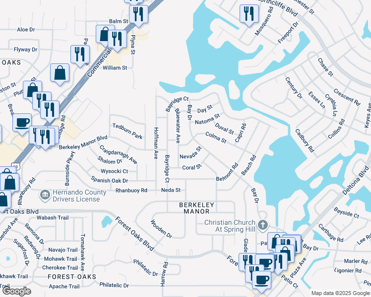 map of restaurants, bars, coffee shops, grocery stores, and more near 8318 Colma Street in Spring Hill