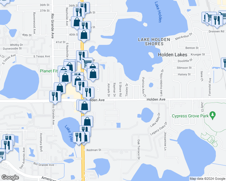 map of restaurants, bars, coffee shops, grocery stores, and more near 4705 Almark Drive in Orlando