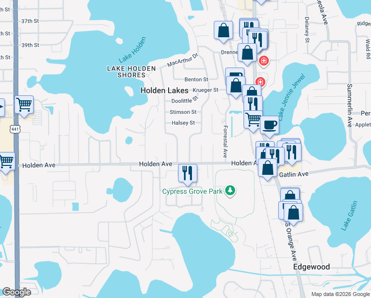 map of restaurants, bars, coffee shops, grocery stores, and more near 4601 Brandeis Avenue in Orlando