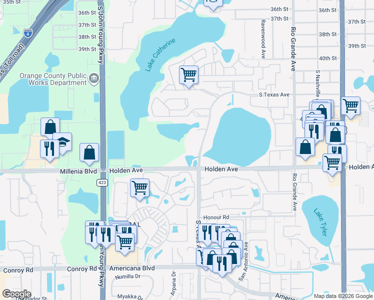 map of restaurants, bars, coffee shops, grocery stores, and more near 4624 Towerpine Road in Orlando