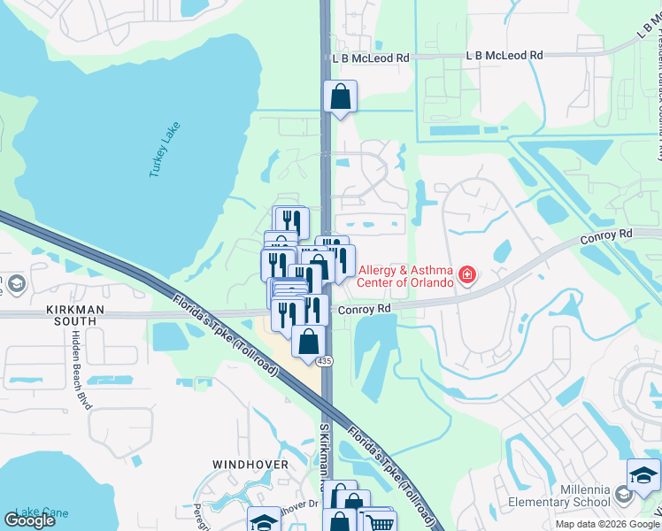 map of restaurants, bars, coffee shops, grocery stores, and more near 4581 South Kirkman Road in Orlando