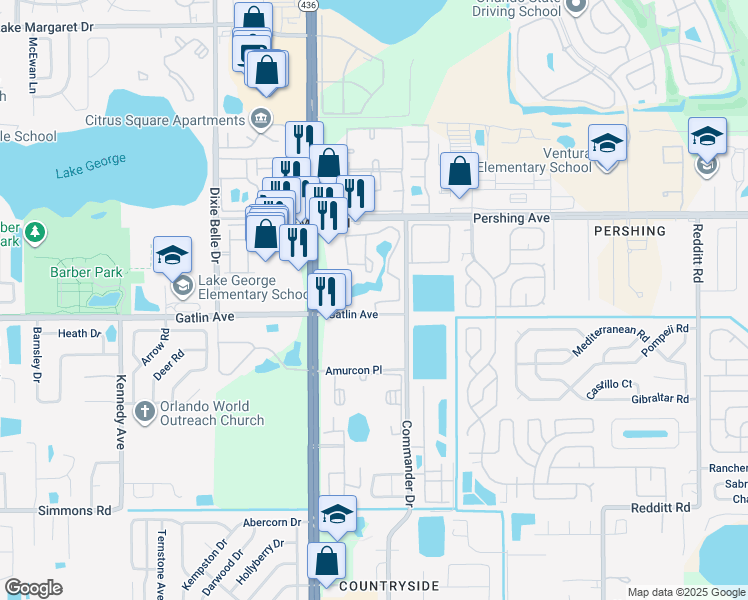map of restaurants, bars, coffee shops, grocery stores, and more near 5773 Gatlin Avenue in Orlando