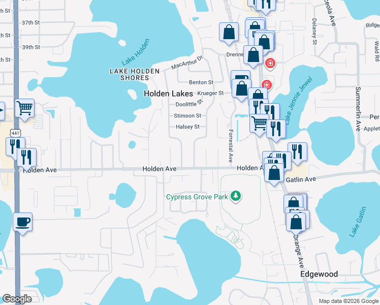 map of restaurants, bars, coffee shops, grocery stores, and more near 4601 Brandeis Avenue in Orlando