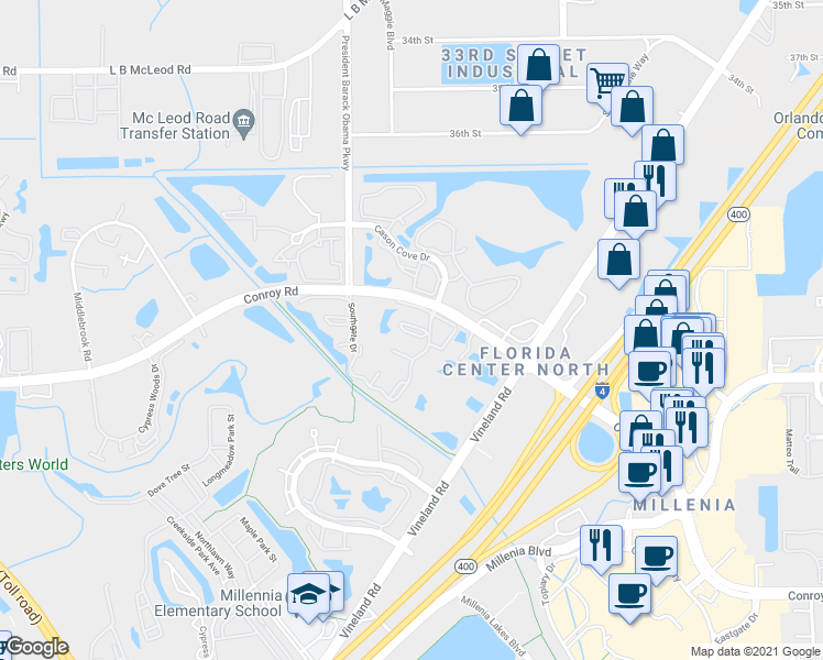 map of restaurants, bars, coffee shops, grocery stores, and more near 4753 Chevy Place in Orlando