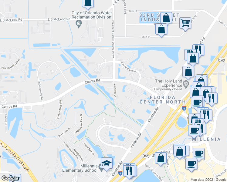 map of restaurants, bars, coffee shops, grocery stores, and more near 4801 Brighton Terrace in Orlando