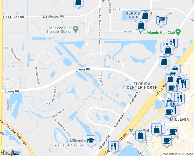 map of restaurants, bars, coffee shops, grocery stores, and more near 4801 Brighton Terrace in Orlando