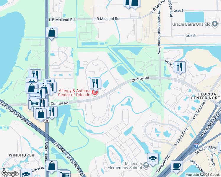 map of restaurants, bars, coffee shops, grocery stores, and more near 5260 Willow Court in Orlando