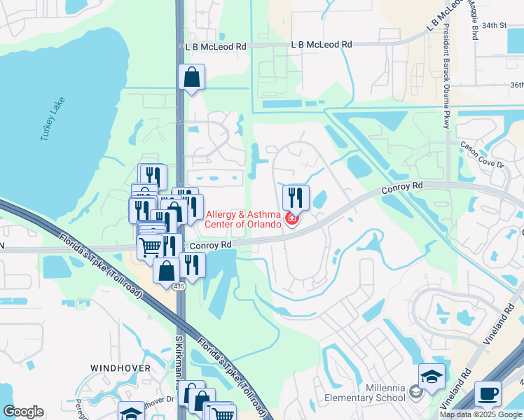 map of restaurants, bars, coffee shops, grocery stores, and more near 5517 Conroy Road in Orlando