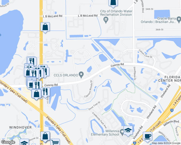 map of restaurants, bars, coffee shops, grocery stores, and more near 5260 Willow Court in Orlando