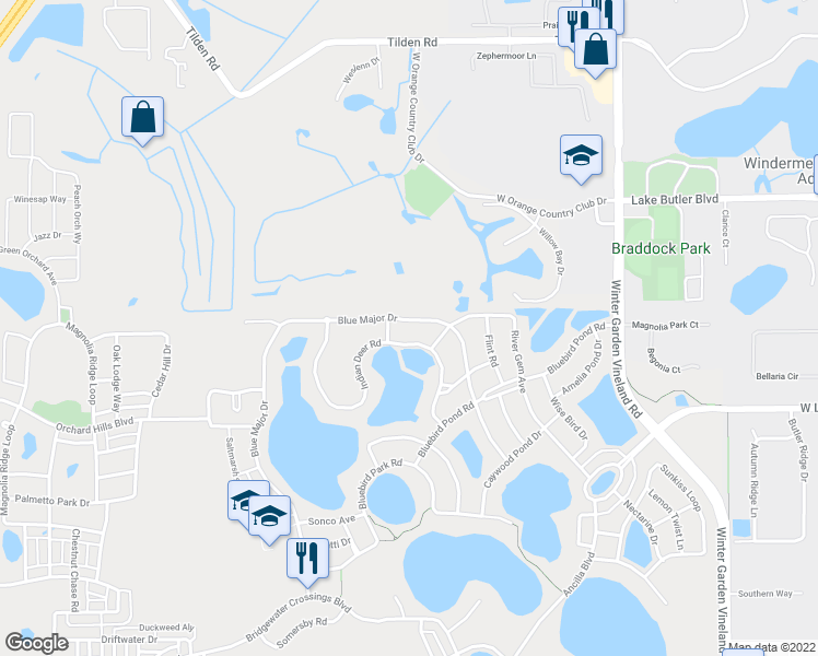 map of restaurants, bars, coffee shops, grocery stores, and more near 4730 Blue Major Drive in Windermere