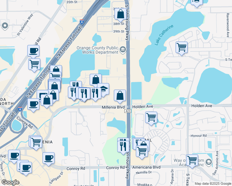 map of restaurants, bars, coffee shops, grocery stores, and more near 3518 Millenia Boulevard in Orlando