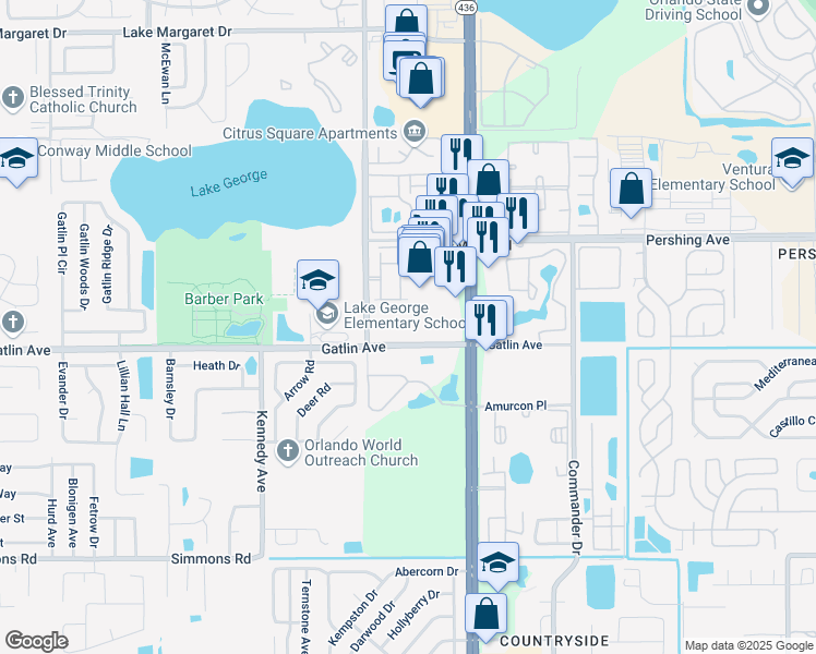 map of restaurants, bars, coffee shops, grocery stores, and more near 5601 Gatlin Avenue in Orlando