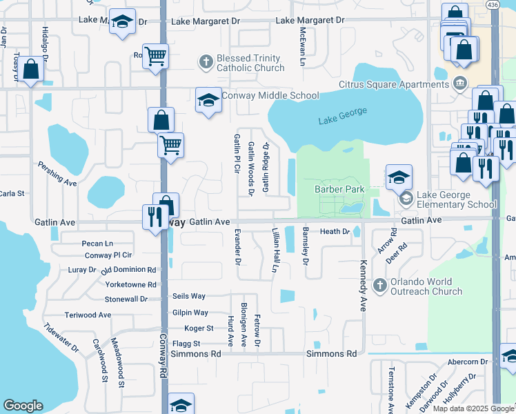 map of restaurants, bars, coffee shops, grocery stores, and more near 3416 Gatlin Place Circle in Orlando