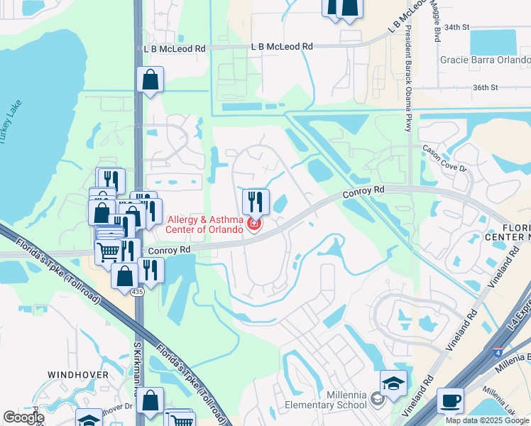 map of restaurants, bars, coffee shops, grocery stores, and more near 5353 Conroy Road in Orlando