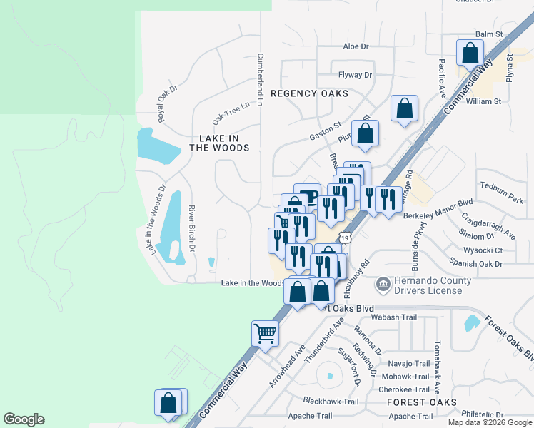 map of restaurants, bars, coffee shops, grocery stores, and more near 7190 Raymond Place in Spring Hill