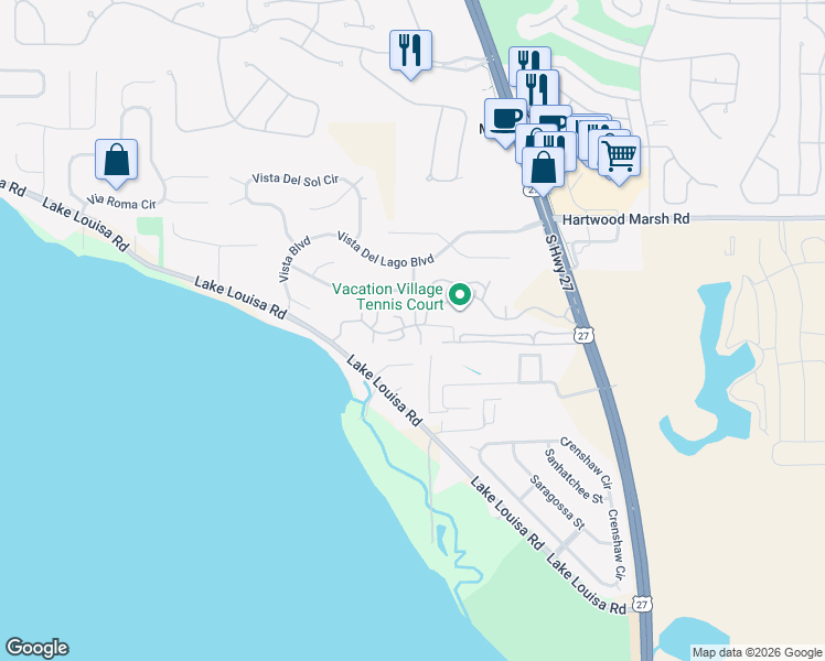 map of restaurants, bars, coffee shops, grocery stores, and more near 10301 U.S. 27 in Clermont