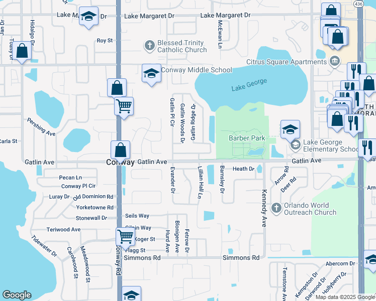 map of restaurants, bars, coffee shops, grocery stores, and more near 3416 Gatlin Place Circle in Orlando