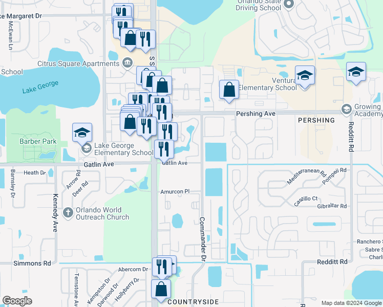 map of restaurants, bars, coffee shops, grocery stores, and more near 5761 Gatlin Avenue in Orlando