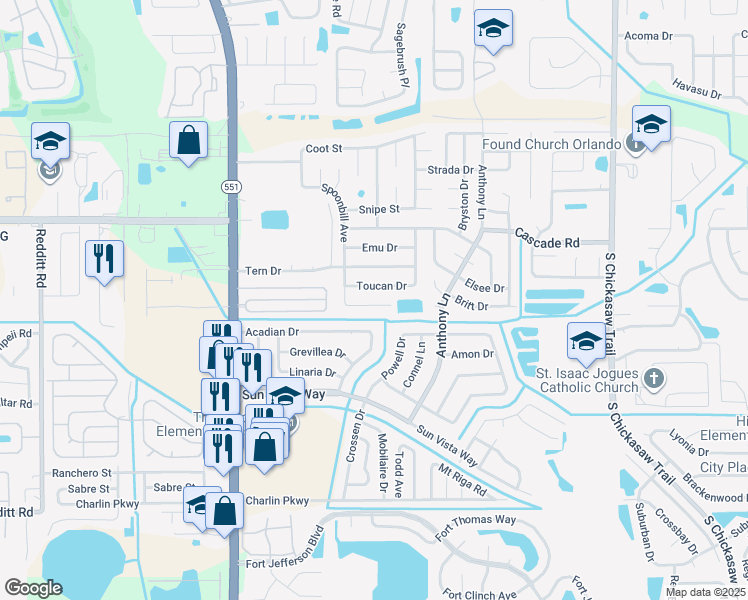 map of restaurants, bars, coffee shops, grocery stores, and more near 7800 Pine Hawk Lane in Orlando