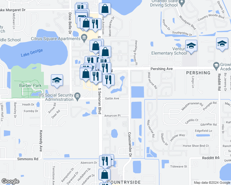 map of restaurants, bars, coffee shops, grocery stores, and more near 5773 Gatlin Avenue in Orlando