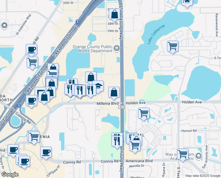 map of restaurants, bars, coffee shops, grocery stores, and more near 3518 Millenia Boulevard in Orlando