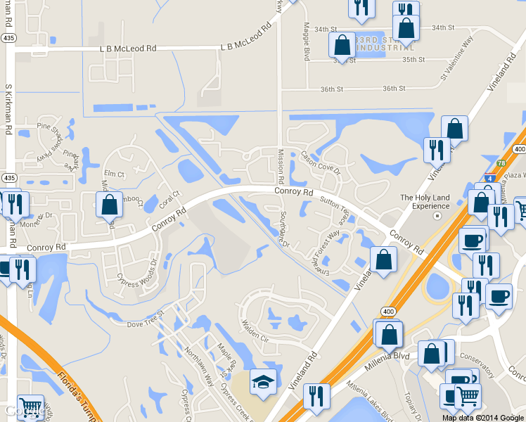 map of restaurants, bars, coffee shops, grocery stores, and more near 4844 Normandy Place in Orlando