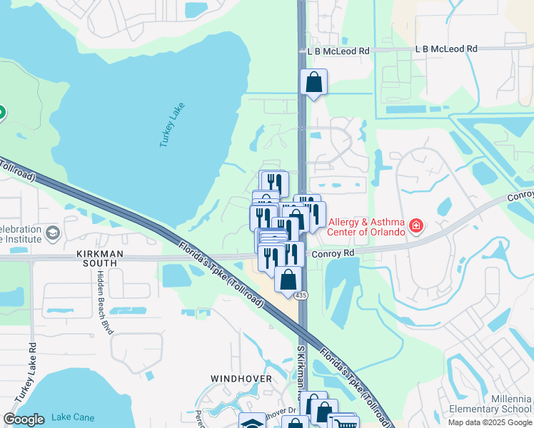 map of restaurants, bars, coffee shops, grocery stores, and more near 4578 South Kirkman Road in Orlando