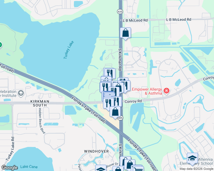 map of restaurants, bars, coffee shops, grocery stores, and more near 4578 South Kirkman Road in Orlando