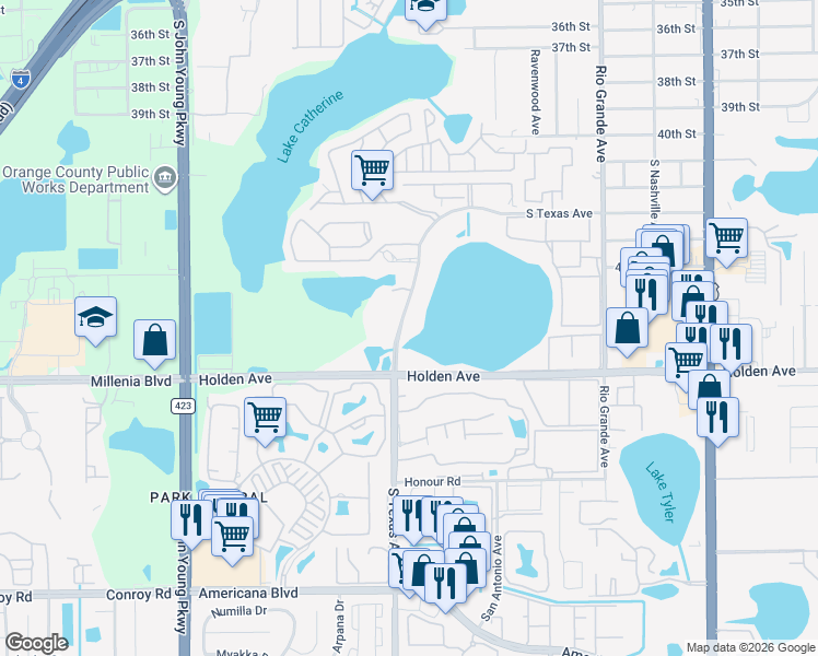map of restaurants, bars, coffee shops, grocery stores, and more near 4575 South Texas Avenue in Orlando