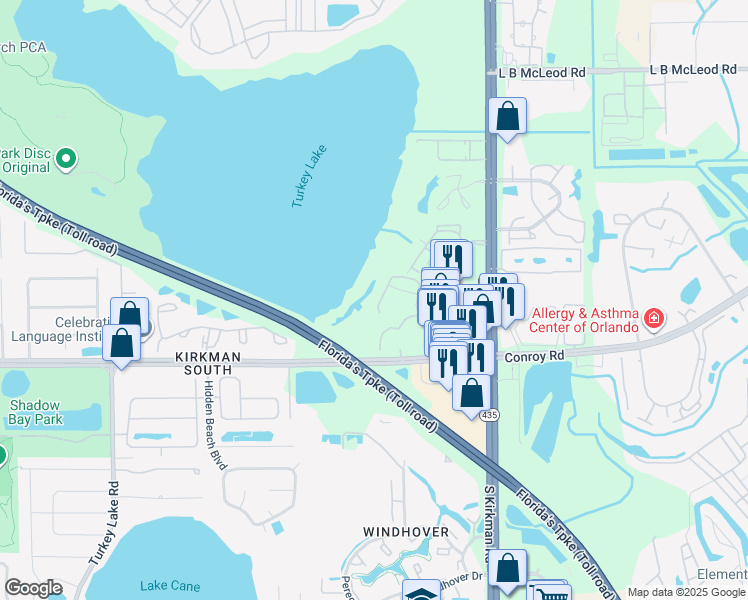 map of restaurants, bars, coffee shops, grocery stores, and more near 4501 Oakcreek Street in Orlando