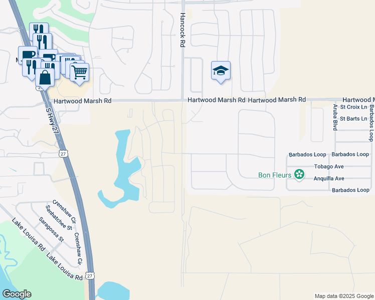 map of restaurants, bars, coffee shops, grocery stores, and more near 2696 Kingston Ridge Drive in Clermont