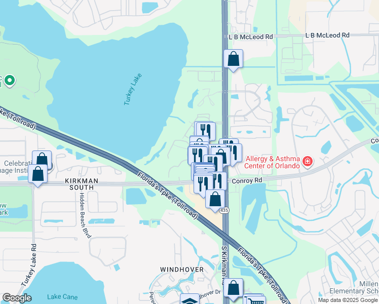 map of restaurants, bars, coffee shops, grocery stores, and more near 4553 Oakcreek Street in Orlando