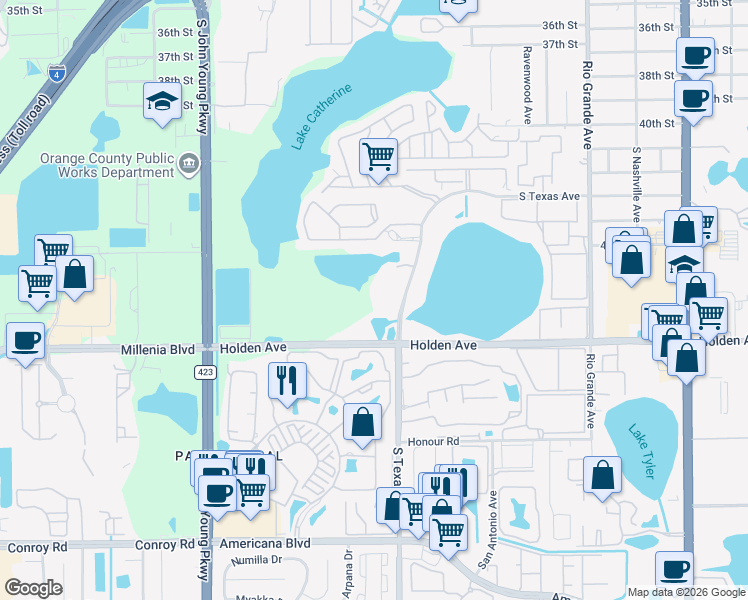 map of restaurants, bars, coffee shops, grocery stores, and more near 4624 Towerpine Road in Orlando