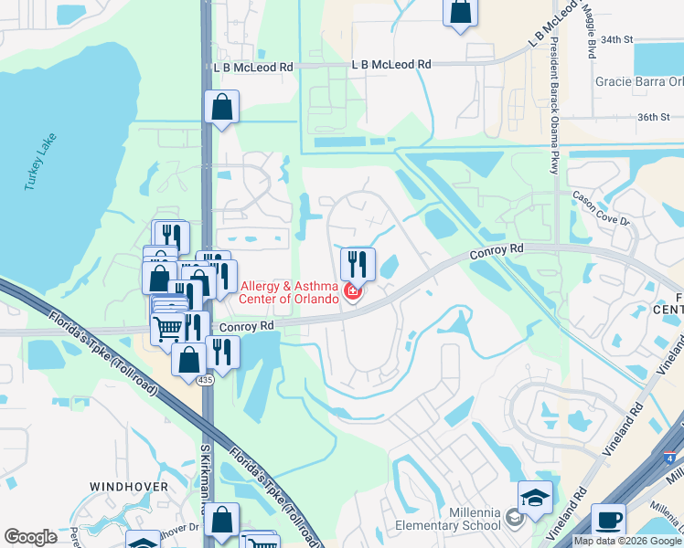 map of restaurants, bars, coffee shops, grocery stores, and more near 4646 Middlebrook Road in Orlando