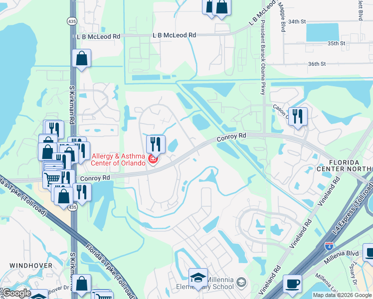 map of restaurants, bars, coffee shops, grocery stores, and more near 5260 Willow Court in Orlando
