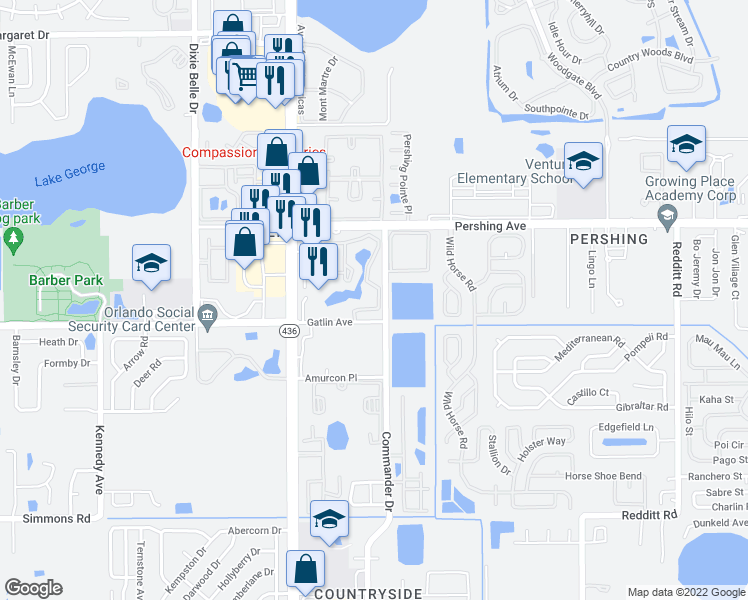 map of restaurants, bars, coffee shops, grocery stores, and more near 5785 Gatlin Avenue in Orlando