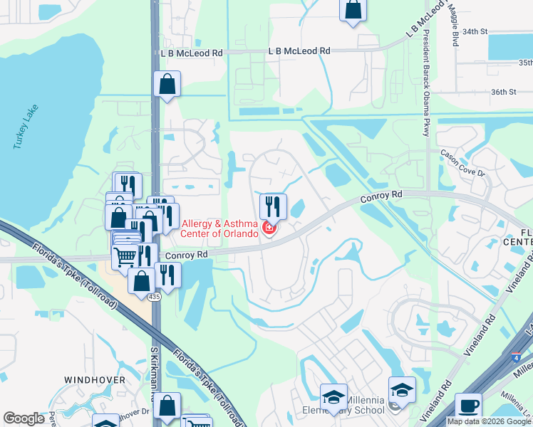 map of restaurants, bars, coffee shops, grocery stores, and more near 4646 Middlebrook Road in Orlando