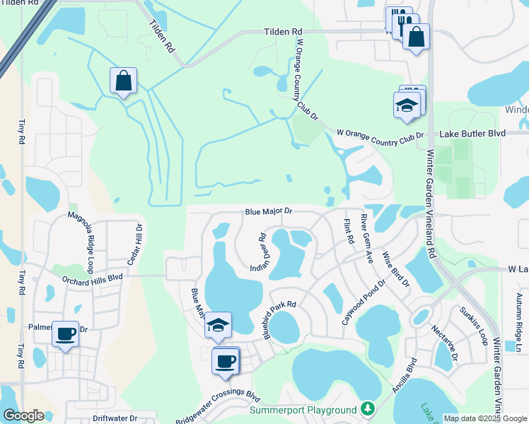 map of restaurants, bars, coffee shops, grocery stores, and more near Blue Major Drive in Windermere
