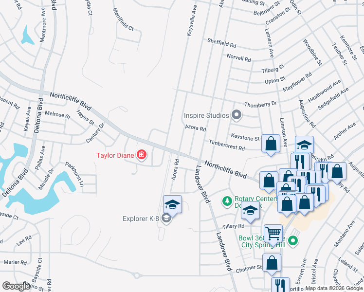 map of restaurants, bars, coffee shops, grocery stores, and more near 10284-10294 Northcliffe Boulevard in Spring Hill