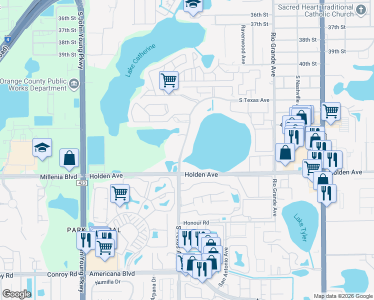 map of restaurants, bars, coffee shops, grocery stores, and more near 4575 South Texas Avenue in Orlando