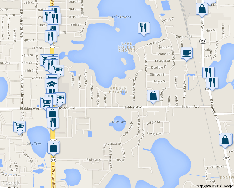 map of restaurants, bars, coffee shops, grocery stores, and more near 4640 Patricia Ann Court in Orlando