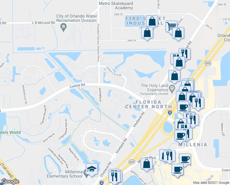 map of restaurants, bars, coffee shops, grocery stores, and more near 4725 Chevy Place in Orlando