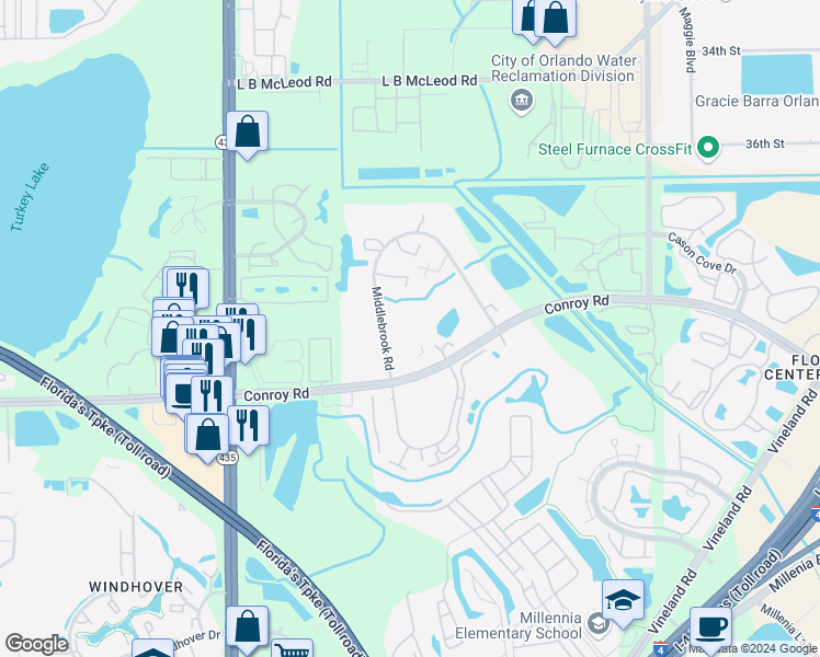 map of restaurants, bars, coffee shops, grocery stores, and more near 5353 Conroy Road in Orlando