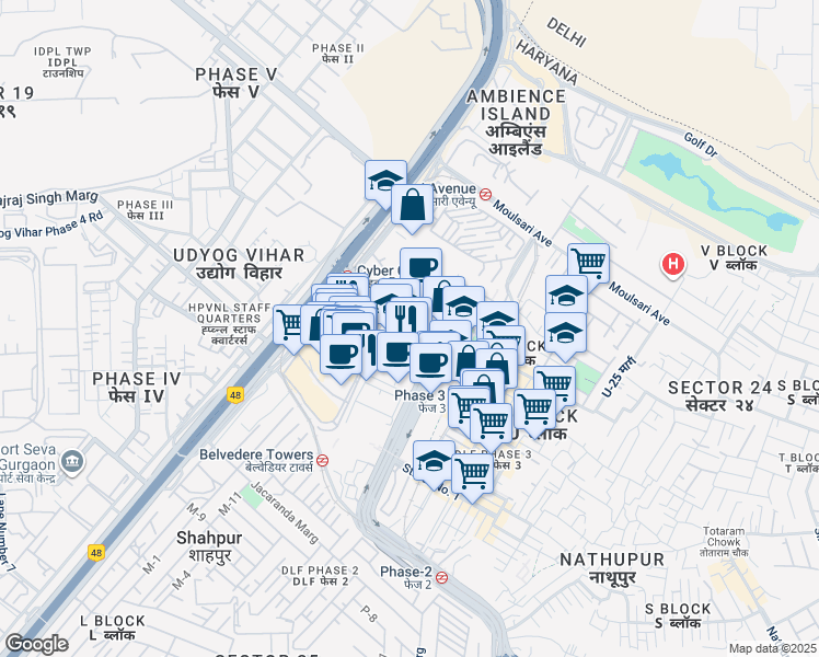 map of restaurants, bars, coffee shops, grocery stores, and more near in Gurugram