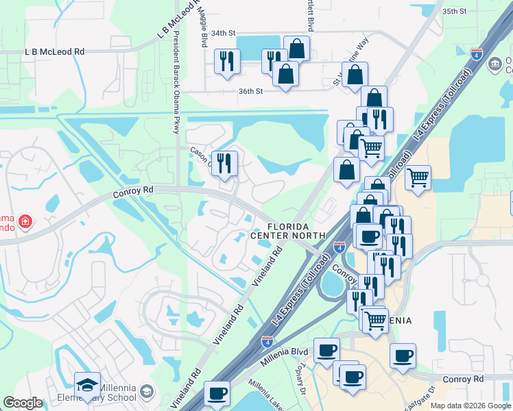 map of restaurants, bars, coffee shops, grocery stores, and more near 4609 Cason Cove Drive in Orlando