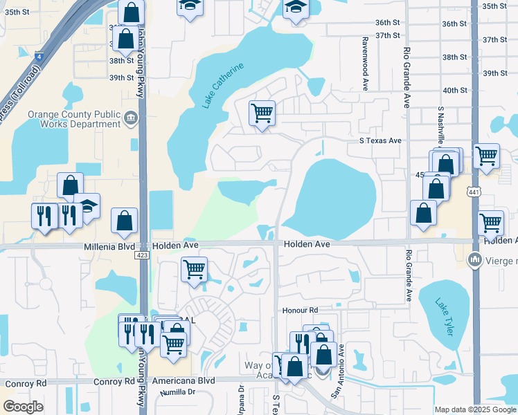 map of restaurants, bars, coffee shops, grocery stores, and more near 4562 Towerpine Road in Orlando