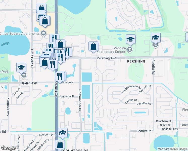 map of restaurants, bars, coffee shops, grocery stores, and more near 5927 Lake Pointe Village Circle in Orlando