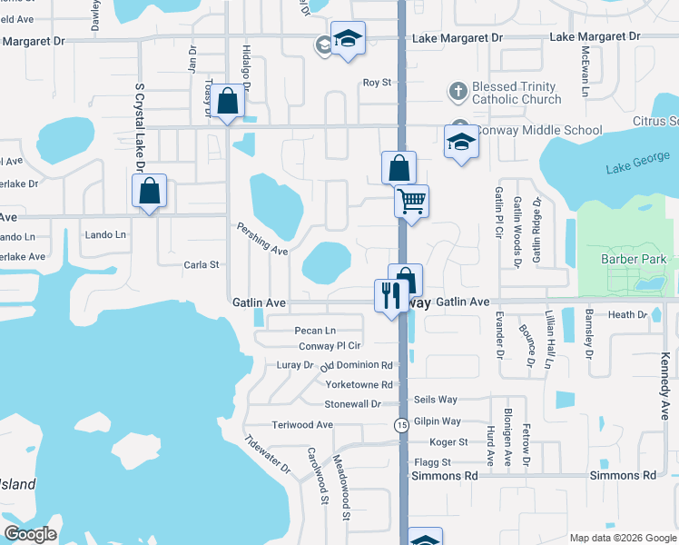 map of restaurants, bars, coffee shops, grocery stores, and more near 3708 Oakview Drive in Orlando
